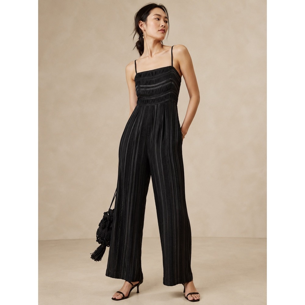 Endless Rose Black‎ Textured Wide Leg Jumpsuit XSP Petite Pleated Evening Party